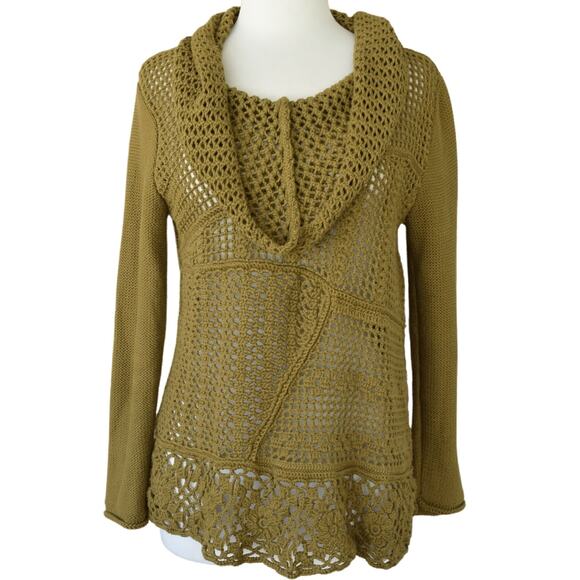 PURE Handknit Open Knit Cowl Neck Sweater Small/Medium Chunky Golden Brown Boho - Picture 1 of 9